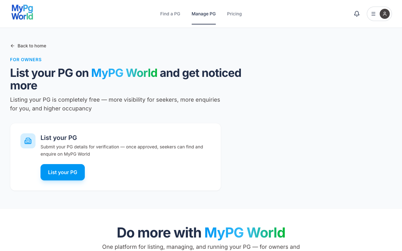 Manage PG page with the List your PG card and blue button