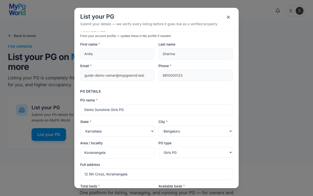 List your PG form with owner details, PG name, Karnataka, Bengaluru, and address filled