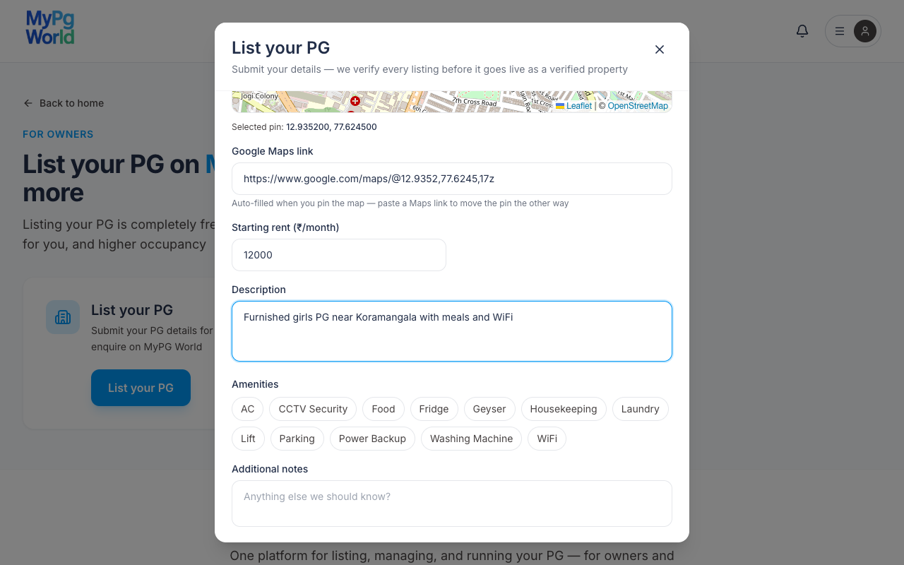 List your PG form showing map pin, Google Maps link, rent, description, and amenities