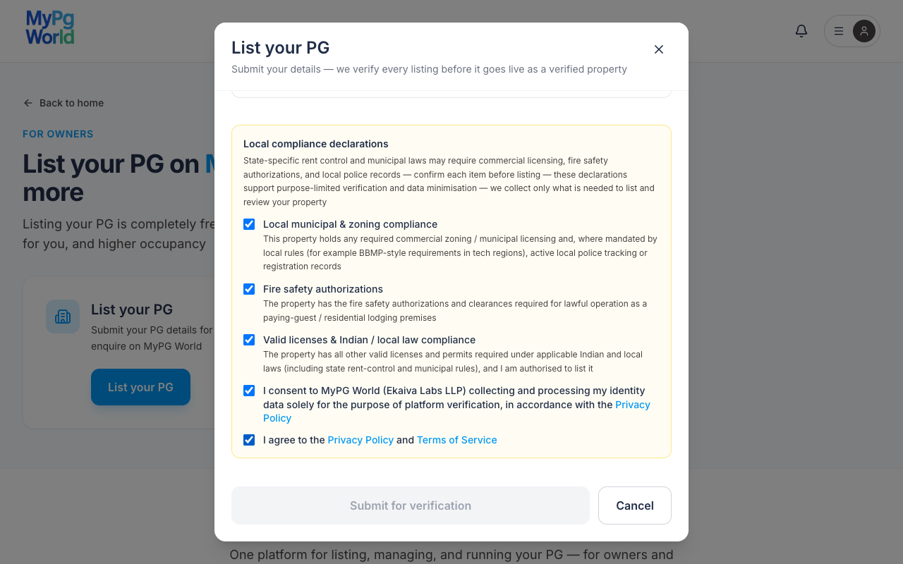 Local compliance declarations checkboxes and Submit for verification button