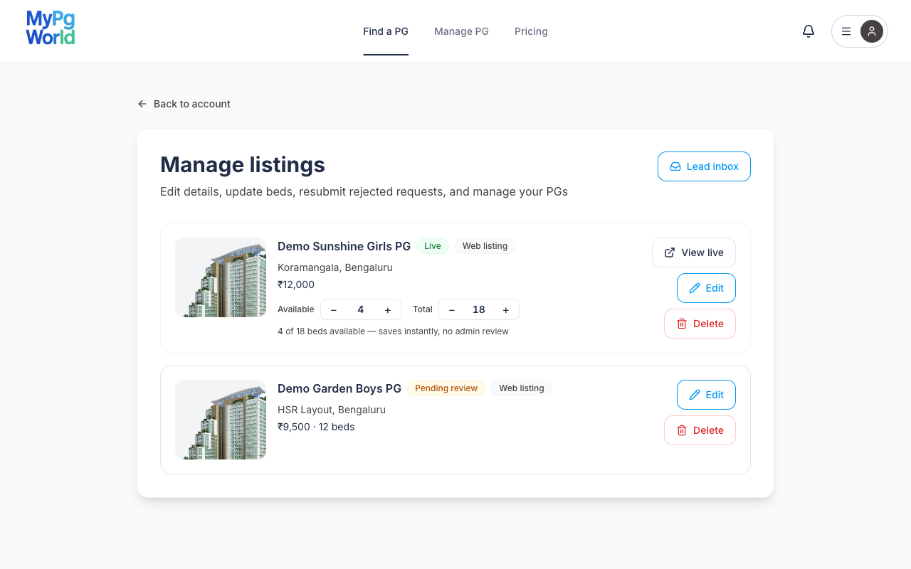 Manage listings showing a Live PG with bed steppers and a Pending review PG