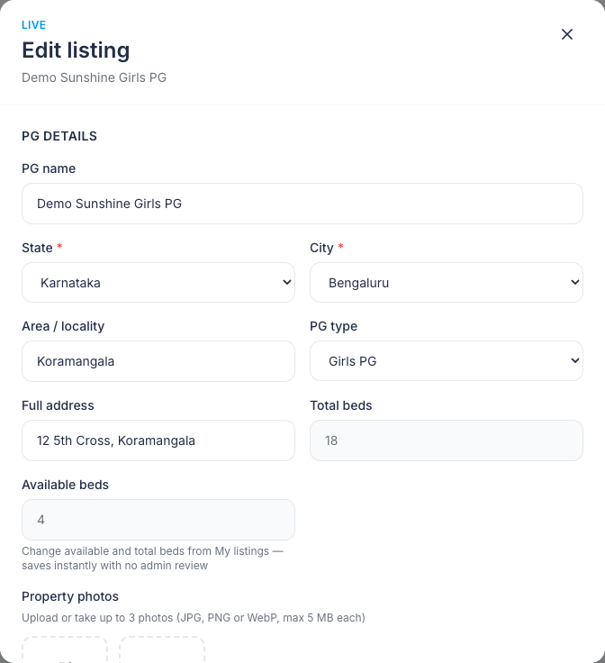 Edit listing modal for a Live PG with name, city, address, and photo slots